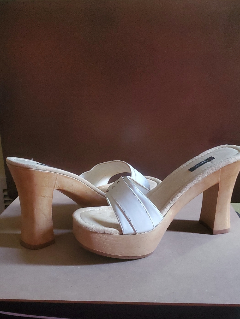 (Never Worn) White, Platform Open-toe Mule Shoes With Silver Buckle Accent